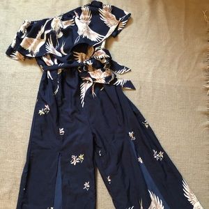 Floor length, bird and floral print jumpsuit